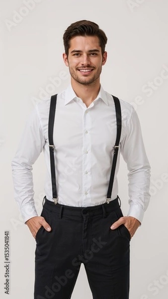 Obraz Full length of confident Canadian man in a white dress shirt and suspenders standing with one hand in pocket and smirking on plain white background
