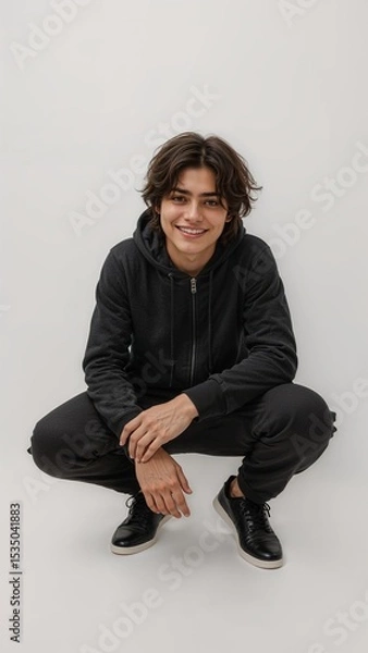 Obraz Full length of confident Spanish teenage boy in a zipped hoodie and track pants crouching slightly while smiling on plain white background