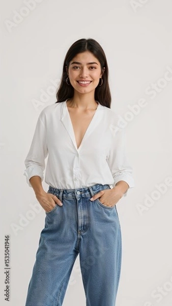 Obraz Full length of confident Thai woman in a loose white blouse and denim capris standing with one hand on her waist and smiling on plain white background