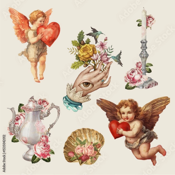 Obraz Trendy collage stickers set. Vector collection of torn newspaper, retro flower, butterfly stamp, rip notebook sheets, handwriting quotes, craft notepaper, old grunge paper. Retro elements for design
