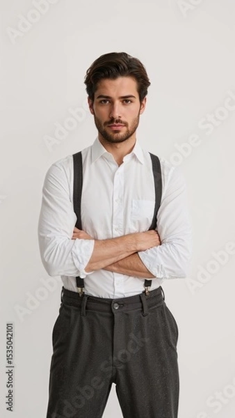 Obraz Full length of confident Polish man in a white buttondown and suspenders standing with arms crossed behind his back on plain white background