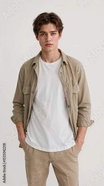 Obraz Full length of confident Swedish boy in a white tee under an open shirt and chinos casually leaning on one side on plain white background