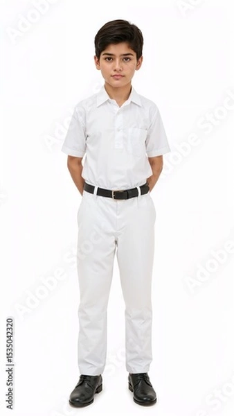 Obraz Full length of confident Bangladeshi boy in a white school uniform with a belt and neat hair standing straight with arms behind on plain white background