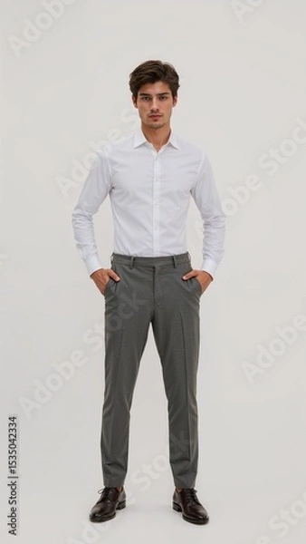 Obraz Full length of confident British man in a white polo and corduroy pants leaning slightly forward with hands in front pockets on plain white background