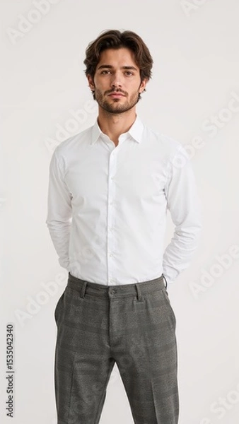 Obraz Full length of confident British man in a white polo and corduroy pants leaning slightly forward with hands in front pockets on plain white background