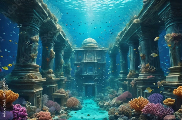 Obraz Underwater Ancient City with Marine Life. Generative AI.