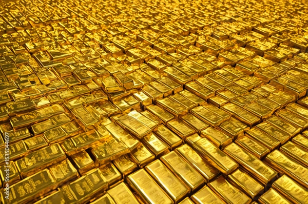 Obraz Stacked Gold Bars Shimmering in Abundant Display. Generative AI.