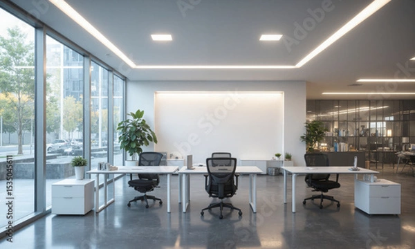 Fototapeta Modern corporate office with minimalist glass desks, ergonomic seating, and metal shelving. Integrated lighting systems provide balanced illumination, with adjustable task lighting over