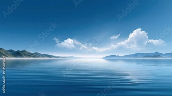 Fototapeta Serene blue seascape with gentle waves and distant mountains under a clear sky.