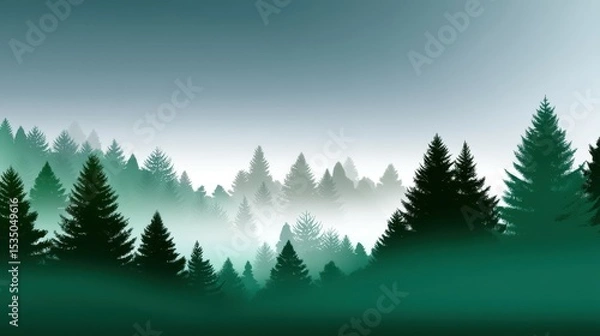 Fototapeta Mysterious forest silhouette with layered evergreen trees and a foggy atmosphere.