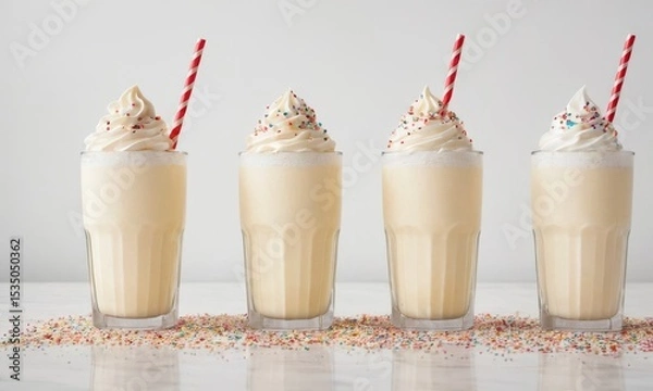 Fototapeta A row of vanilla milkshakes with whipped cream and colorful sprinkles