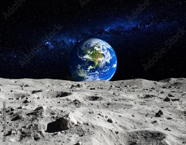 Fototapeta A view of Earth from the moon, galaxy and stars in the sky, hyperreal detail