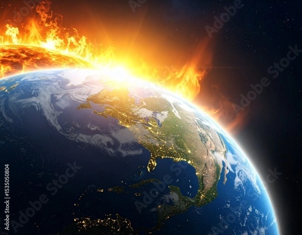 Obraz Earth under attack by solar flares, sci-fi disaster scene with dramatic skyGenerated image