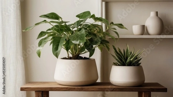 Fototapeta Two potted plants on a wooden table in a light-filled room