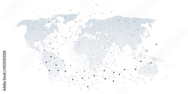 Fototapeta A conceptual vector graphic creative design showing a world map overlaid with a network of interconnected nodes and lines, representing global communication, data flow or digital interconnectedness.