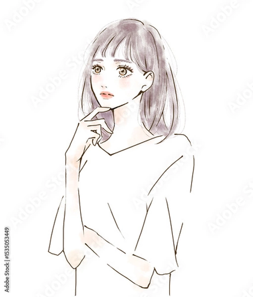 Obraz 悩む人物のイラスト　水彩風　疑問　質問　考えるポーズ