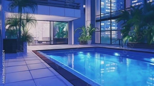 Obraz Rooftop Pool at Night in Modern Cityscape