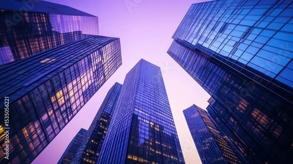 Obraz Modern skyscrapers reaching towards a vibrant twilight sky.  Glass facades reflecting the light