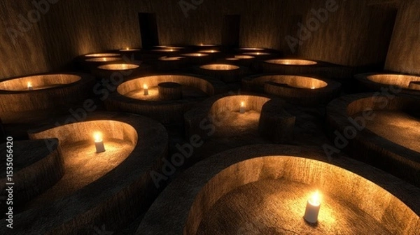Obraz Dark, circular niches, lit by candles
