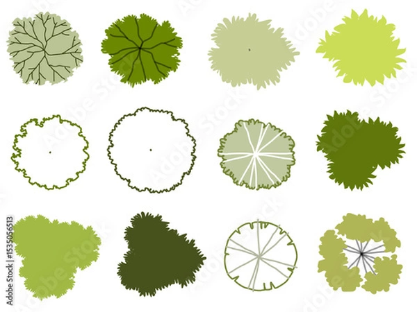 Fototapeta Vertor set of green tree,plants top view for landscape plan,schematic layout,eco environment concept design,watercolor greenery illustration