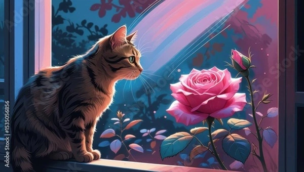 Fototapeta A whimsical cat curiously observes a blooming flower in soft pastel colors with playful doodle-style light beams.