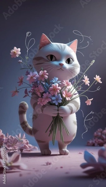 Fototapeta A whimsical cat with a bouquet of pastel flowers and scent lines in a playful doodle style.