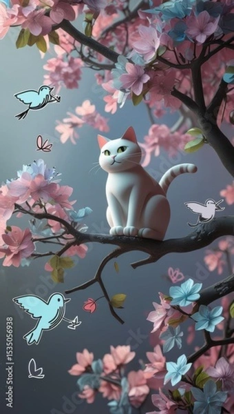 Fototapeta A whimsical illustration of a flat cat in a pastel tree adorned with blossoms and flying doodle-style birds.