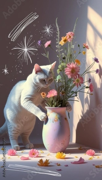 Fototapeta A pastel cat arranges a flower vase, surrounded by whimsical sparkles and petals in a charming scene.