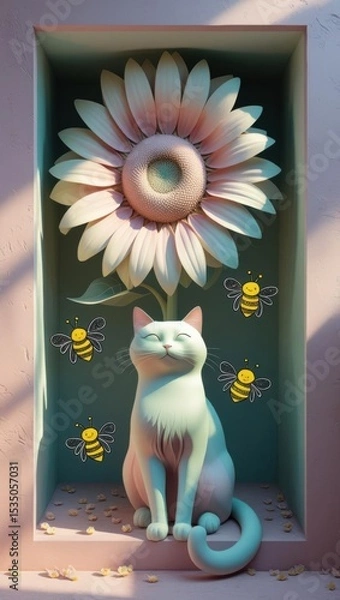 Fototapeta A charming pastel cat relaxes beneath a large sunflower, playfully surrounded by whimsical doodle bees.