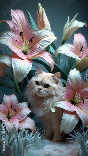 Fototapeta A playful pastel cat hiding behind oversized lilies with whimsical leaves and grass in a charming doodle style.