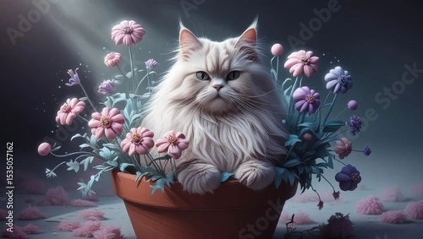 Fototapeta A cute pastel cat in a flower pot with whimsical petals surrounding it, perfect for art and animal lovers.