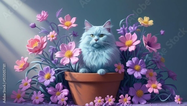 Fototapeta A whimsical pastel cat nestled in a flower pot, surrounded by blooming doodle-style petals.