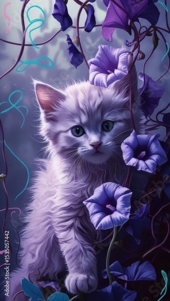 Fototapeta A playful kitten entwined in morning glory vines, adorned with whimsical squiggles in a vibrant pastel illustration.
