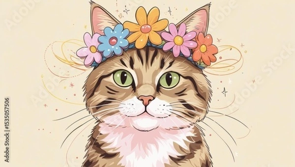 Fototapeta A whimsical cat with a flower crown and sparkles, perfect for a lighthearted and playful design.