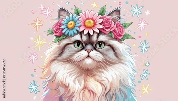 Fototapeta A cute pastel cat adorned with a flower crown and surrounded by sparkles in a whimsical doodle style.