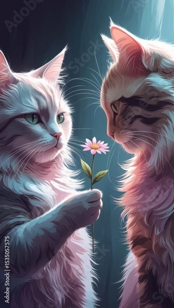 Fototapeta A shy cat presents a flower to another feline, illustrated in pastel tones with cute doodle-style blushes.