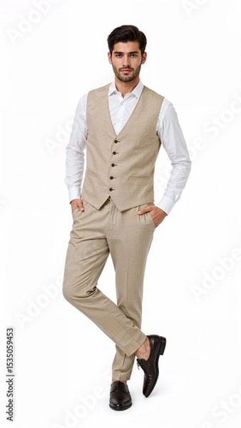 Obraz Full length of confident Egyptian man in a longsleeve white shirt and formal vest standing with one foot resting lightly on a low step on plain white background
