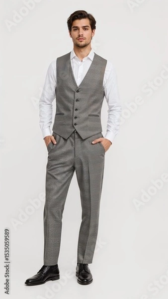 Obraz Full length of confident Egyptian man in a longsleeve white shirt and formal vest standing with one foot resting lightly on a low step on plain white background