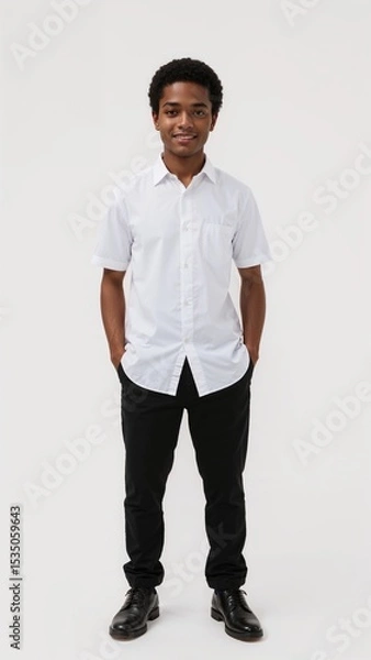 Obraz Full length of confident Ghanaian boy in a white shirt and black trousers standing with hands in back pockets and smiling on plain white background