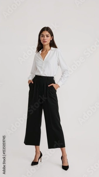 Obraz Full length of confident Italian woman in a professional white blouse and black culottes standing with one arm on waist and other holding phone on plain white background