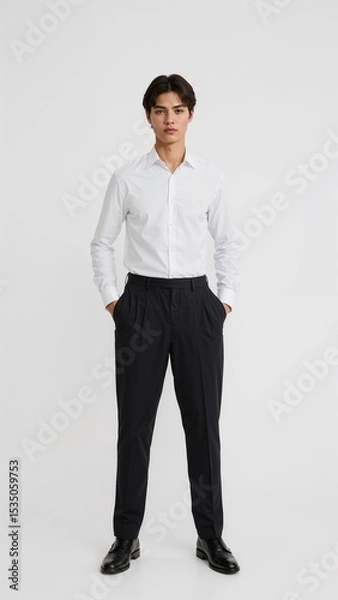 Obraz Full length of confident Japanese boy in a white dress shirt and slacks standing with hands in pockets on plain white background