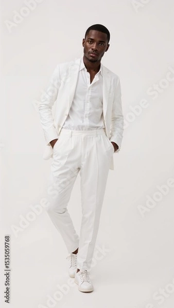 Obraz Full length of confident Kenyan man in a white buttonup with blazer over shoulder standing casually leaning on one leg on plain white background