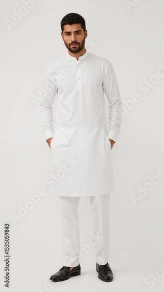 Obraz Full length of confident Moroccan man in a white mandarincollar shirt and suit pants standing upright with arms relaxed on plain white background