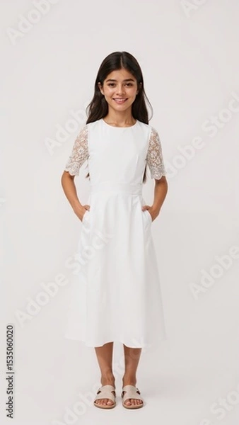 Obraz Full length of confident Spanish girl in a formal white dress with lace sleeves standing with both hands at sides and smiling brightly on plain white background
