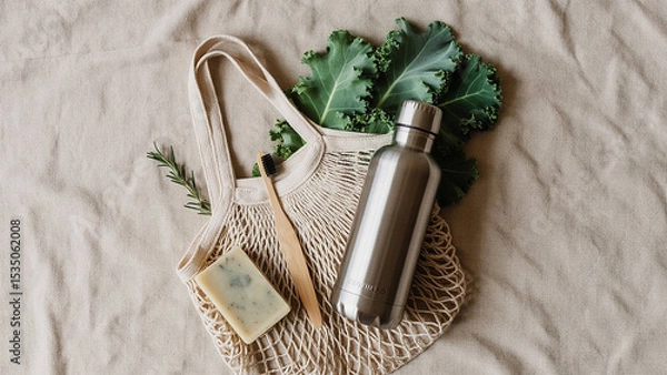 Fototapeta Eco-Friendly Essentials: An eco-conscious assortment, featuring a sustainable toothbrush, fresh produce, and a reusable water bottle, all nestled within a natural tote bag.
