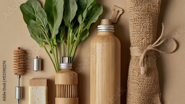 Fototapeta Eco-Friendly Essentials: An eco-conscious assortment, featuring a sustainable toothbrush, fresh produce, and a reusable water bottle, all nestled within a natural tote bag.