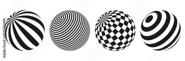 Fototapeta Striped and checkered 3d spheres. Abstract balls with black and white colors. Geometric design with optical illusion effect. Vector illustration.