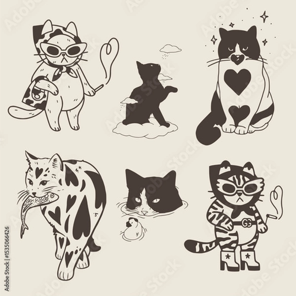Obraz Seamless pattern with doodle cats among stars. Continuous one line kittens. Feline in different poses. Animals sit, lay,relax. Childish monochrome print,wrapping paper. Modern drawing with domestic pe