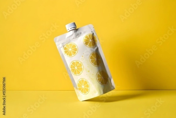 Fototapeta Lemon Juice Pouch on Vibrant Yellow Background Citrus Fruit Drink Packaging Mockup with Playful Summer Theme and Refreshing Design