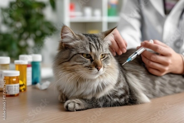 Obraz Cat is calmly receiving a vaccination from a veterinarian in a well-lit clinic, surrounded by colorful medicine bottles and a green plant, showcasing the caring atmosphere of veterinary care